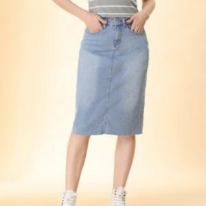 stretchy denim midi skirt